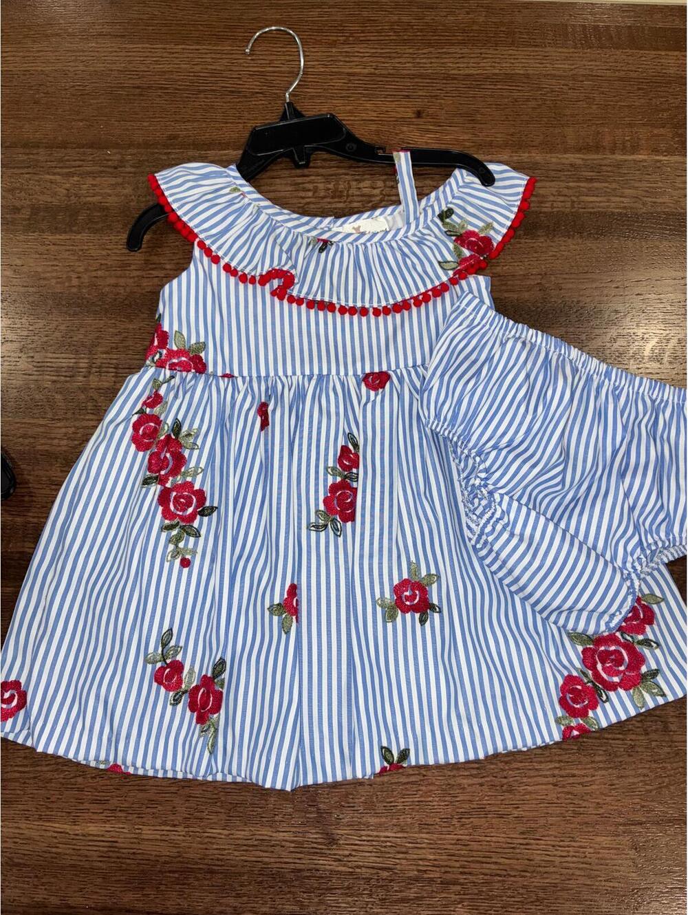 Rare Editions Girls Blue White Striped Red Floral Off Shoulder Dress 18 mos
